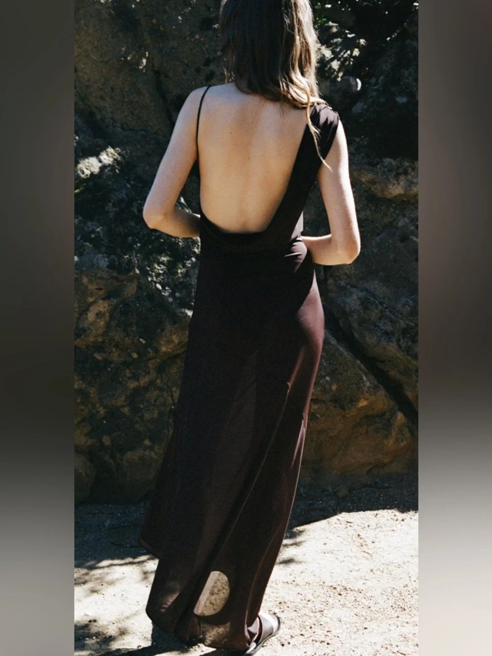 ZARA Chocolate Brown Asymmetrical Draped Strap Maxi Dress w/ Built-In Bodysuit - Picture 4 of 11